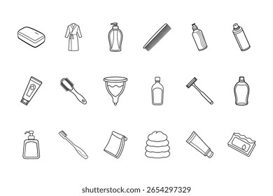 Hygiene products icons bundle including soap robe shampoo comb razor toothpaste towel