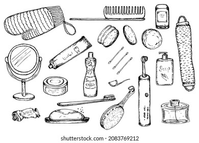 Hygiene products. Set. Sketch Blacke white Background Isolated hand drawn vector stock illustration. Engraving for Medical Cosmetic Packaging and Spice Labels