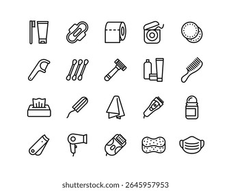 Conjunto de ícones vetoriais de produtos de higiene | Espessura ajustável da linha | Escova de dentes, pasta de dentes, navalha, desodorante, fio dental, tampão, pente, esponja, tecidos, cortadores, limpeza, autocuidado, ícones de barbear