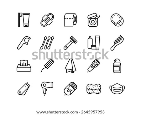 Hygiene Products Vector Icon Set | Adjustable Line Weight | Toothbrush, toothpaste, razor, deodorant, floss, tampon, comb, sponge, tissues, clippers, cleanliness, self-care, shaving icons