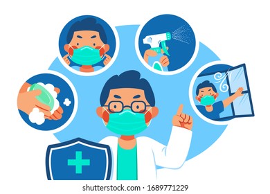 Hygiene promotion for influenza or COVID-19, doctor explaining tips for protect yourself in flat style illustration