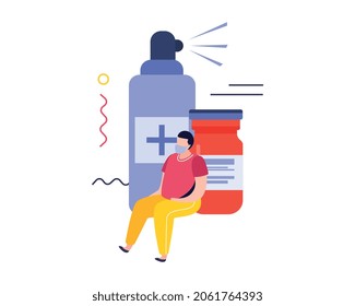 Protección de la higiene Composición plana del frasco con capucha de pulverización e ilustración del vector del carácter humano