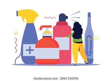 Hygiene protection flat composition with female character and antibacterial sprays alcohol gel vector illustration