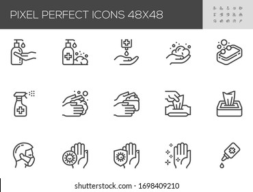 Hygiene and Protection from Infection Vector Line Icons. Washing Hands, Antiseptic Gel, Cleaning Tissues. Editable Stroke. 48x48 Pixel Perfect.