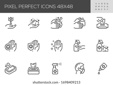 Hygiene and Protection from Infection Vector Line Icons. Washing Hands, Antiseptic Gel, Cleaning Tissues. Editable Stroke. 48x48 Pixel Perfect.