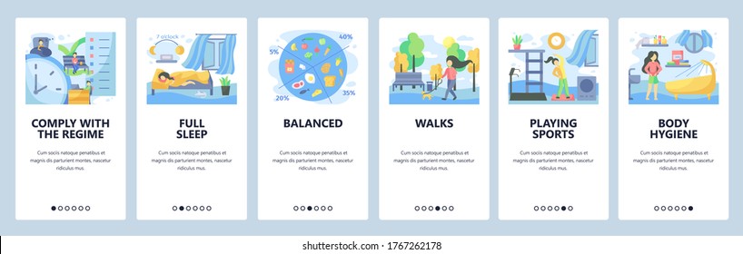 Hygiene regime website and mobile app onboarding screens. Menu banner vector template for web site and application development. Health regime, wellbeing. Full sleep, walks, body hygiene, balanced diet