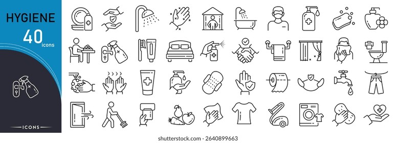 Hygiene related icon collections. Containing cleanliness, health, sanitation, soap, washing, protection, care, safety, germs, and hygiene icons. Editable Stroke. Outline icons.