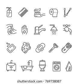 Hygiene related icons: thin vector icon set, black and white kit
