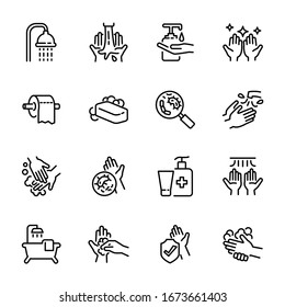 Hygiene related vector thin line icons. For the good health and care There are contains such washing hands, Antibacterial shower soap and tissu paper. vector illustration