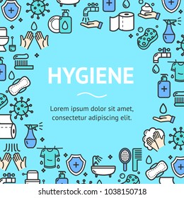 Hygiene Round Design Template Line Icon Frame or Border Concept on a Blue. Vector illustration of Service Ad