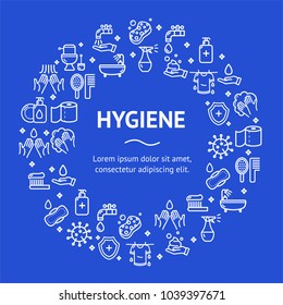 Hygiene Round Design Template White Thin Line Icon Graphic Concept Include of Bath, Toothbrush and Toothpaste. Vector illustration