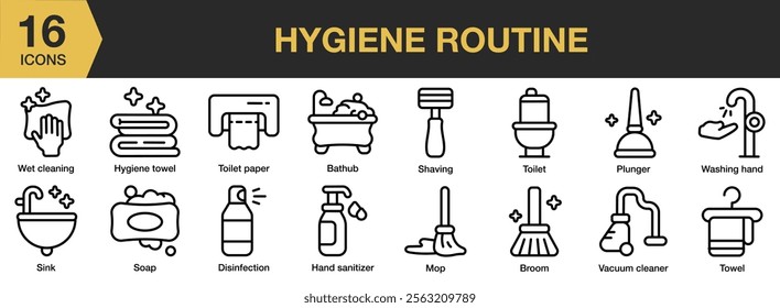 Hygiene Routine icon set. Includes hygiene, routine, care, bathroom, wash, and More. Outline icons vector collection.