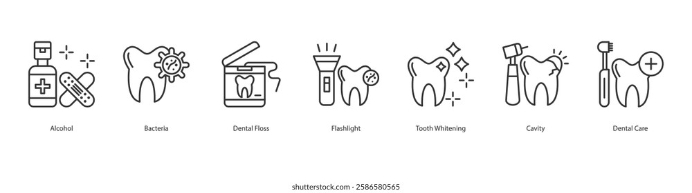 Hygiene Routine Icon Sheet Alcohol, Bacteria, Dental Floss, Flashlight, Tooth Whitening, Cavity, Dental Care