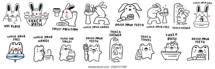 Hygiene routine for kids. Collection of animals. Educational concept. Personal Hygiene. Outline icons. Simple vector illustrations. Funny characters on white background.