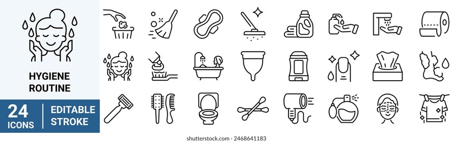 Hygiene Routine web line icons. Contains such Icons as washing hands, shower, antibacterial soap and more. Editable stroke.