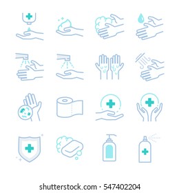 Symbole für Hygiene und Hygiene. Einschließlich der Symbole wie Waschen, Reinigen, Seife, Bakterien, Hand, Schutz und mehr.