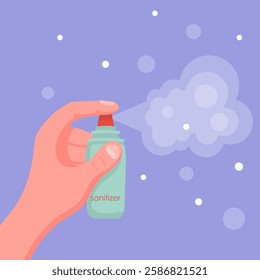 Hygiene sanitizer. Bare hand pressing a sanitizer bottle, spraying disinfectant mist against a light purple background. Used for personal hygiene, disinfection, and sterilization.