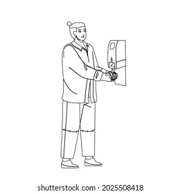 Hygiene Sanitizer Soap For Washing Hands Black Line Pencil Drawing Vector. Man Using Hygiene Antibacterial Alcohol Gel. Prevent Spread Of Germs, Bacteria And Avoid Infection Corona Virus Illustration