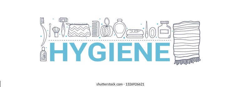 Hygiene set banner design concept, flat style with hand drawn icons isolated on white background. Vector illustration