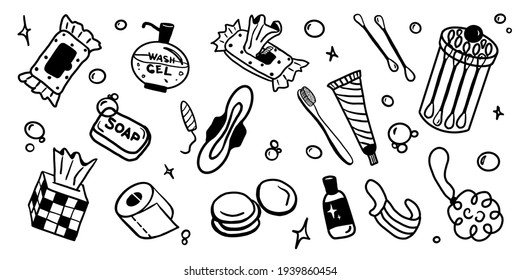 Hygiene set of bathroom equipment, cosmetics and tools. Contains such pictures as wet wipes, antiseptic, soap, toothbrush, mask and more. Hand drawn vector illustration isolated on white. Flat design.