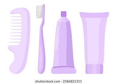 Hygiene set icon. Comb, toothbrush, toothpaste, and cosmetic tube in purple tones. Daily self-care and grooming essentials