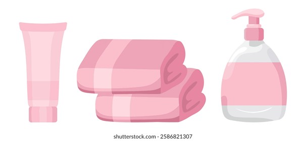 Hygiene set icon. Cosmetic tube, two folded towels, and liquid soap dispenser. Used for skincare, body care, and cleanliness.