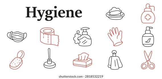 Hygiene set icon. Face mask, sanitizer dispenser, toilet paper, tissue box, protective glove, towel fabric, bathroom cleanliness, healthcare accessory illustration.