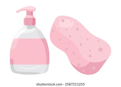 Hygiene set icon. Liquid soap dispenser and sponge. Essential bathroom items for handwashing and body cleansing.