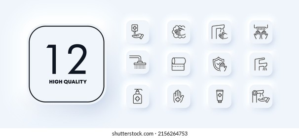 Hygiene set icon. Soap, antiseptic, hand washing, faucet, cream, towel, shower, dryer, etc. Personal care concept. Neomorphism style. Vector line icon for Business and Advertising