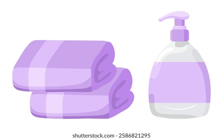 Hygiene set icon. Two folded towels and liquid soap dispenser in purple tones. Used for personal care and cleanliness.