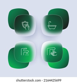 Hygiene set icon. Virus protection, bath, shower, faucet, water, plumbing, hand washing, cleanliness, sanitation. Personal care concept. Glassmorphism style. Vector line icon for Business, Advertising