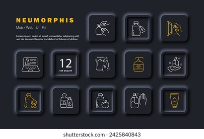 Icono de línea de conjunto de higiene. Jabón líquido, limpiador de parabrisas, champú, crema de manos, ordenador portátil. Estilo neomorfista. Icono de línea vectorial para negocios y publicidad