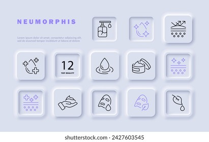 Hygiene set line icon. Liquid soap, hand cream, laptop, windshield cleaner, shampoo. Neomorphism style. Vector line icon for business and advertising