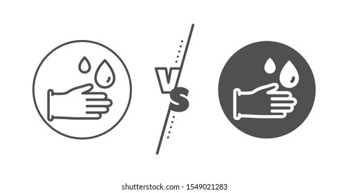 Hygiene sign. Versus concept. Cleaning rubber gloves line icon. Washing Housekeeping equipment sign. Line vs classic rubber gloves icon. Vector