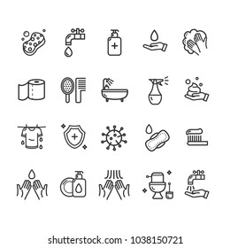 Hygiene Signs Black Thin Line Icon Set Include of Toilet Equipment, Gasket, Paper, Hand and Faucet. Vector illustration