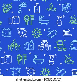 Hygiene Signs Seamless Pattern Background on a Blue for Web and App Design Include of Antiseptic Gel. Vector illustration