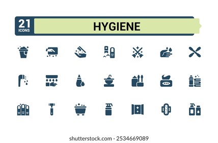 Hygiene solid icons collection. Perfect for filled UI designs featuring healthy, cleaning, antibacterial, prevention, hygiene, washing and more. Vector icons editable sign