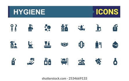 Hygiene solid icons collection. Perfect for filled UI designs featuring healthy, cleaning, antibacterial, prevention, hygiene, washing and more. Vector icons editable sign