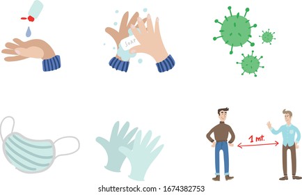 hygiene standards icons to avoid the coronavirus contagion. wash your hands, masks and surgery gloves