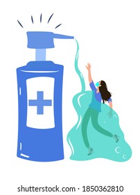  Hygiene to stop spreading coronavirus.Girl drowning in antibacterial gel.Antibacterial gel use.Coronovirus and panic concept. Vector illustration