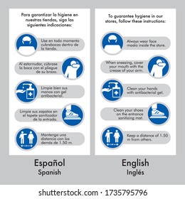 Hygiene in stores, new normality, indications for clients, ideal for making posters, banners and graphics outside the stores, new mandatory regulations, two idioms english and spanish