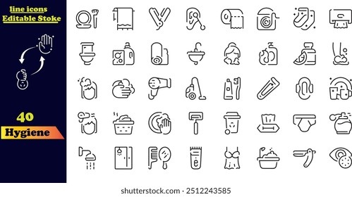 Hygiene Stroke Icon Collection. Featuring icons for cleaning, disinfection, soap, bathing, sweeping, showering, hand washing, and sanitation. These outline icons represent the concept of cleanliness a