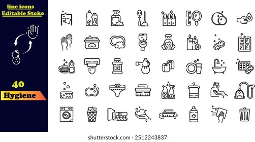 Hygiene Stroke Icon Collection. Featuring icons for cleaning, disinfection, soap, bathing, sweeping, showering, hand washing, and sanitation. These outline icons represent the concept of cleanliness a