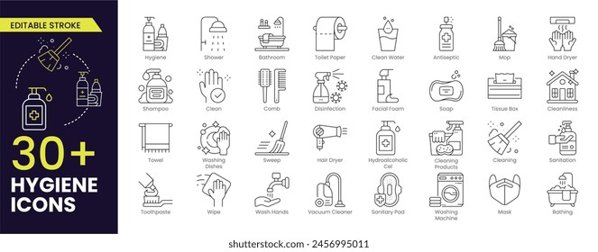 Hygiene Stroke icon collections. Containing cleaning, disinfection, soap, bathing, sweep, shower, washing hands, clean and sanitation icons. Cleanliness concept. Stroke icon collection Outline icon