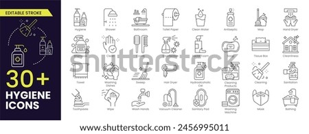 Hygiene Stroke icon collections. Containing cleaning, disinfection, soap, bathing, sweep, shower, washing hands, clean and sanitation icons. Cleanliness concept. Stroke icon collection Outline icon