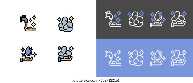Hygiene symbols - modern hand cleaning, foam, and clean water icons - filled and stroke icons