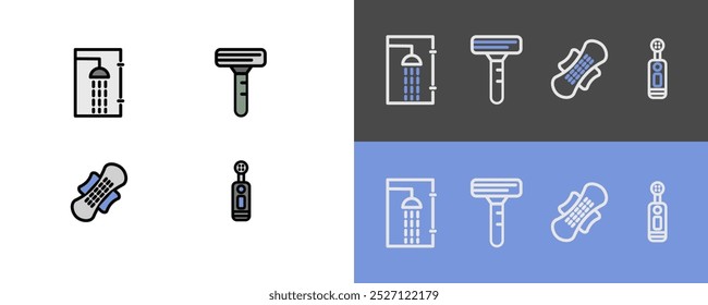 Símbolos de higiene - modernos ícones de chuveiro, navalha, escorregador e escova de dentes - ícones cheios e traçados