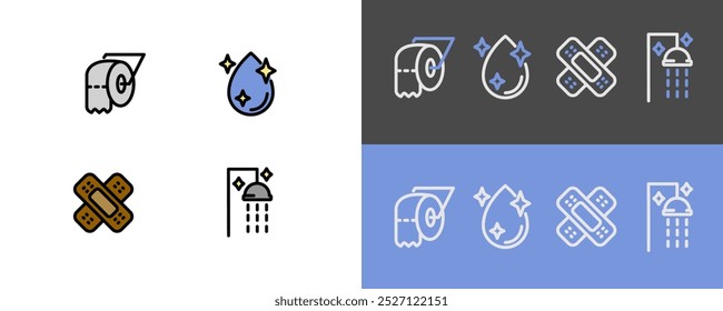 Hygiene symbols - modern toilet paper, clean water, wound plaster and shower icons - filled and stroke icons