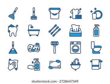 Hygiene thin blue icon set. Containing plunger, broom, bucket, clean clothes, clean dish, clean teeth, bathtub, cotton bud, tissue, shampoo
