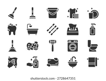 Hygiene thin glyph icon set. Containing plunger, broom, bucket, clean clothes, clean dish, clean teeth, bathtub, cotton bud, tissue, shampoo